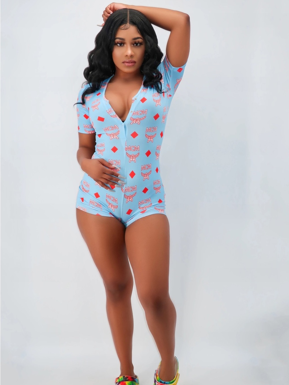 Light Blue Graphic Romper with Red Accents